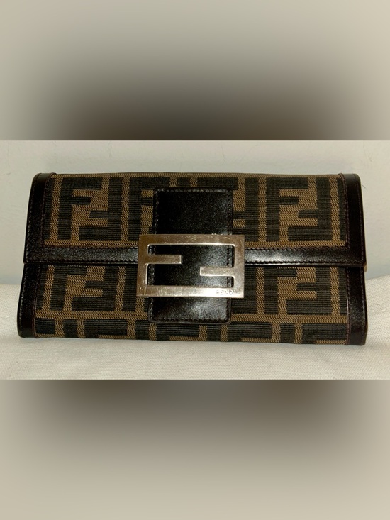 Fendi Handbags - Fendi Brown and Black FF Logo Canvas Clutch with Silver F Buckle